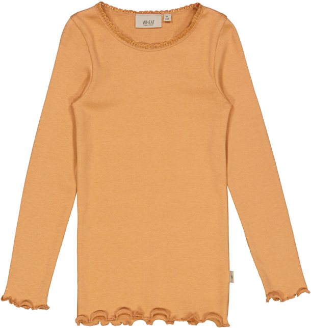 Wheat - Rib T-shirt Lace LS // Sandstone, basis, ensfarvet, bluse, t-shirt, langærmet, wheat, pige, pigebluse, gul bluse pige, Orange bluse pige, brun t-shirt,