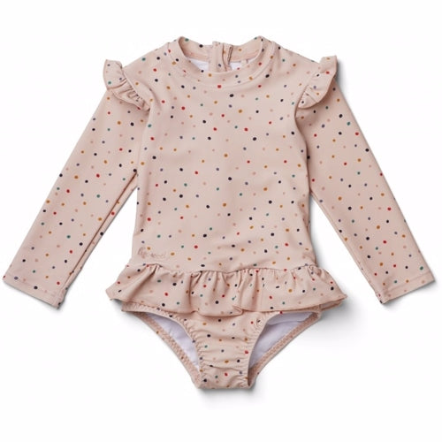 Liewood Sille Swim Jumpsuit Mustard/white feathers, badetøj, badedragt, bade, swim, swimsuit, pigebadetøj, lyserød, blå, lifesaver, drenge badetøj, dreng, Liewood Max Swim Jumpsuit Mustard/white