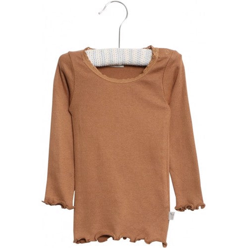 Wheat - Rib T-shirt Lace LS // Powder Plum, basis, ensfarvet, bluse, t-shirt, langærmet, wheat, pige, pigebluse