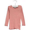 Wheat - Rib T-shirt Lace LS // Powder Plum, basis, ensfarvet, bluse, t-shirt, langærmet, wheat, pige, pigebluse