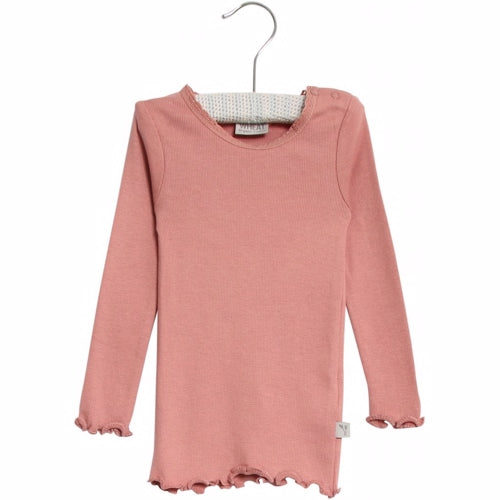 Wheat - Rib T-shirt Lace LS // Powder Plum, basis, ensfarvet, bluse, t-shirt, langærmet, wheat, pige, pigebluse