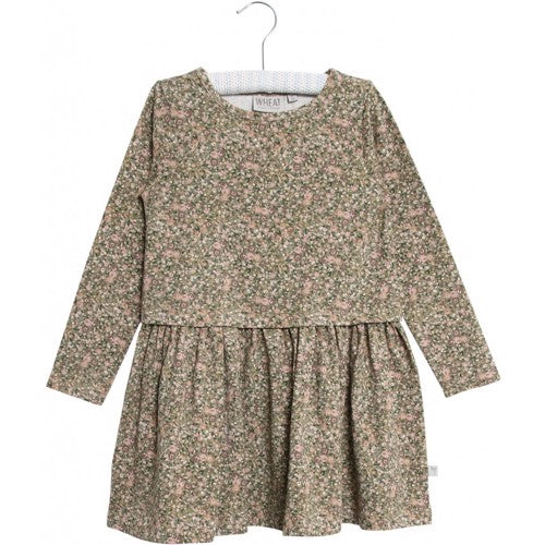 Wheat - Dress Astrid // Green flowers, basis, ensfarvet, bluse, t-shirt, langærmet, wheat, pige, pigebluse, , dress, kjole
