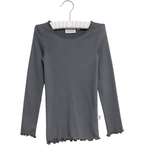 Wheat - rib t-shirt lace ls // dark petroleum, t-shirt, bluse, langærmet bluse, basisbluse, pigebluse, flæse