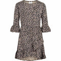 Lex dress, leopardprint, leo, leoprint, leopard-prikker, pigekjole, kjole, kjoler, flæsekjole, med flæser, flæser på ærmer, 3/4 ærme, vinterkjole, leopard kjole