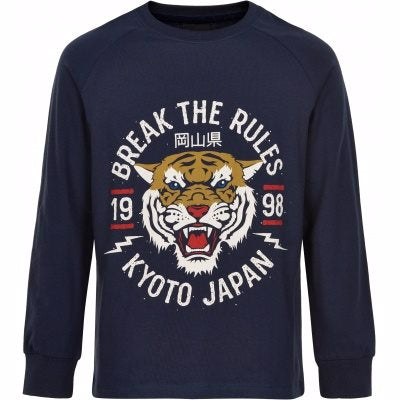 tee, tshirt, langærmet, lange ærmer, drengebluse, bluse, dreng, tiger, print, navy