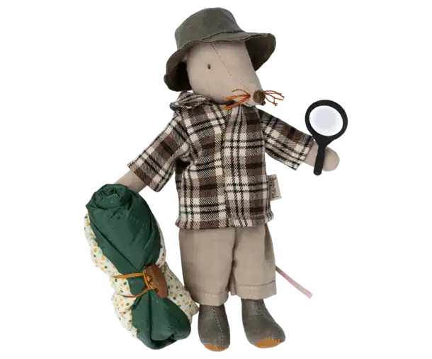 Maileg - Hiking Mouse, Big Brother, gave ide, rejseglad, rejsegave, vandremus, bjergbestiger mus, sovepose,