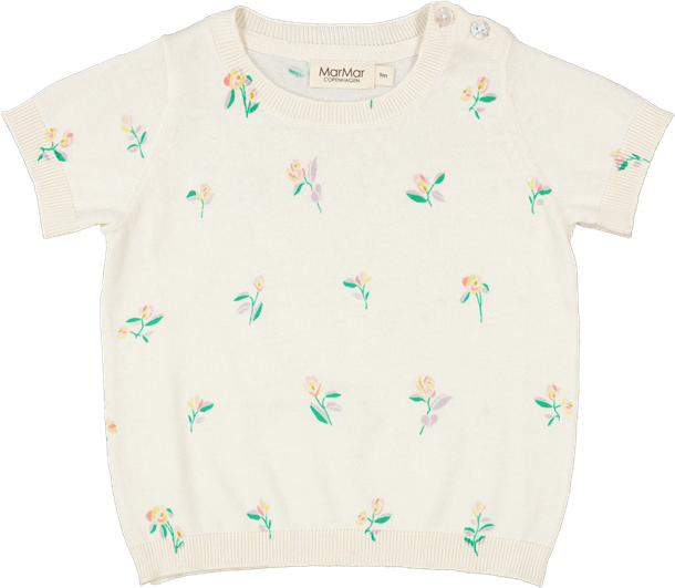 Marmar bluse, marmar strik bluse, bluse til pige, bluse med blomsterprint, striktrøje, striktrøje fra marmar, kortærmet striktrøje, kortærmet strik bluse, kortærmet bluse, striktrøje med blomsterprint, creme farvet, hvid trøje.