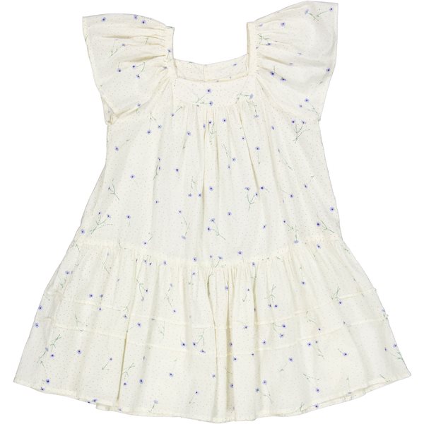 Marmar kjole, marmar dusan kjole, dusan kjole, kjole fra marmar, kjole i cornflower, kjole med blomsterprint, cornflower, pige, hvid kjole, kjole i hvid.