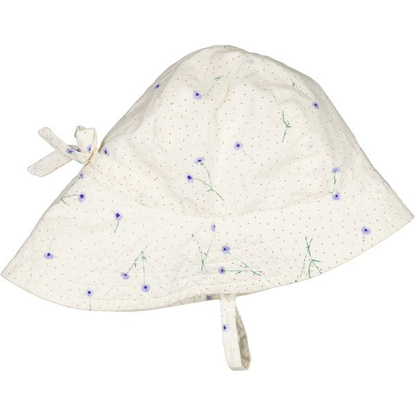 Marmar hat, marmar sommerhat, marmar alba babyhat, hat i hvid, sommerhat i hvid, sommerhat med blomsterprint, hvid hat, cornflower, sommerhat til piger.  solhat, sol hat, uvhat