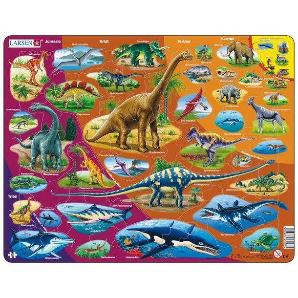 Larsens puslespil maxi // Dinosauer, 85 brikker, puzzle, puslespil, larsen puslespil, dino puslespil, puslespil med dinoer. dinosauere