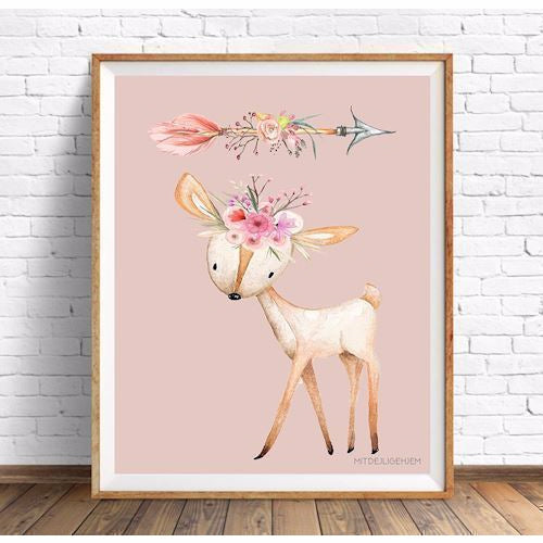 børne plakater, pige plakat, romantiske plakater, børne billeder, mit dejlige hjem, lyserød dyr med blomster. A5 plakat