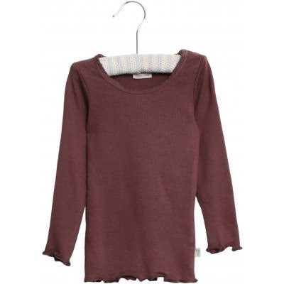 Wheat - Rib T-shirt Lace LS // Powder Plum, basis, ensfarvet, bluse, t-shirt, langærmet, wheat, pige, pigebluse