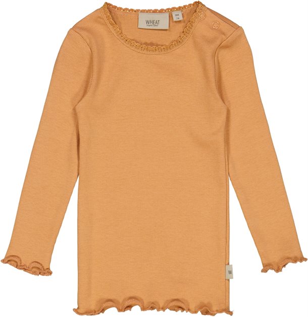Wheat - Rib T-shirt Lace LS // Sandstone, Ensfarvet bluse, t-shirt, langærmet, wheat, pige, pigebluse, Orange pigebluse, Orange
