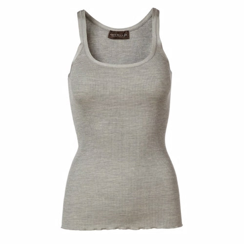 rosemunde, top, silke, bomuld, silketop, rosemundetop, Rosemunde Silke top  med elastik i halsudskæring Top, silketop, blue, silkebluse, undertrøje, grå, grey, melange, mor, voksen, rosemunde voksen