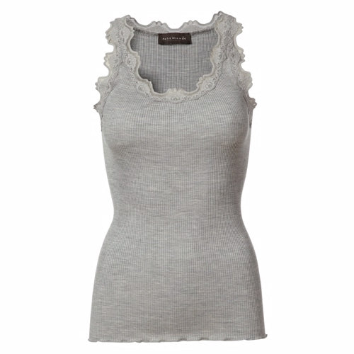 rosemunde, top, silke, bomuld, silketop, rosemundetop, Rosemunde Silke top  med elastik i halsudskæring Top (Sort), grå, undertrøje, silkebluse, mor, voksen, rosemunde voksen