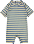 Wheat - UV dragt Cas // Bluefin stripe, Wheat badedragt, svømmedragt, UV-Dragt til drenge, UV dragt, Badetøj drenge, Stribet UV-dragt, Badetøj fra Wheat, Badetøj stribet