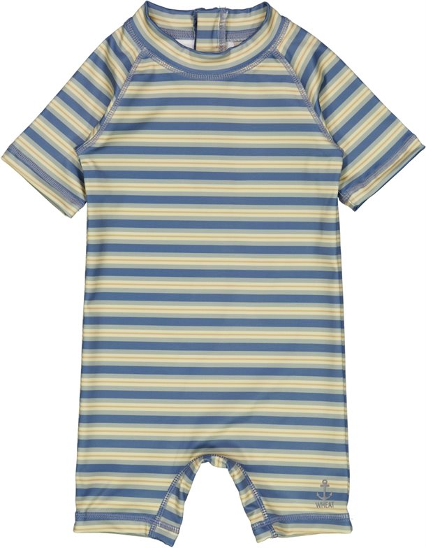 Wheat - UV dragt Cas // Bluefin stripe, Wheat badedragt, svømmedragt, UV-Dragt til drenge, UV dragt, Badetøj drenge, Stribet UV-dragt, Badetøj fra Wheat, Badetøj stribet