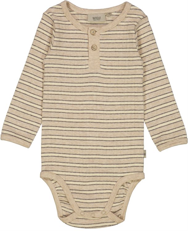 Wheat - Body Placket LS // Oat melange stripe, bodystocking, sparkedragt, babytøj, dreng, nyfødt, placket, langærmet, langeærmer, lange ærmer, ærmer, Body beige