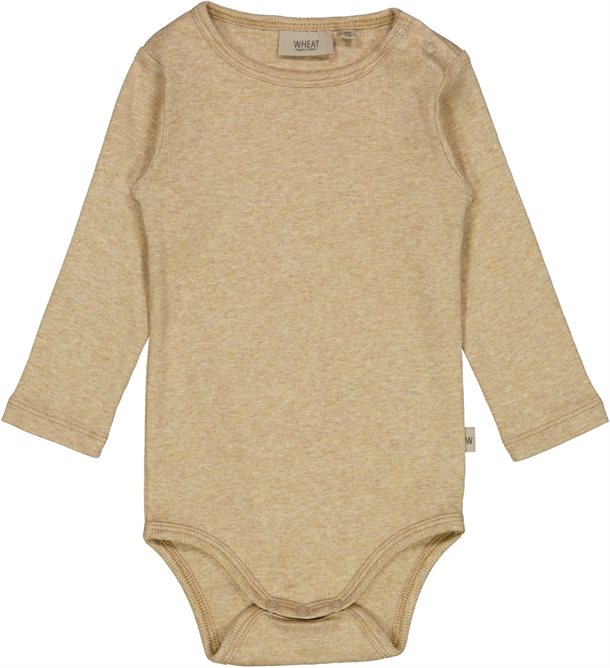 Wheat - Body Rib // Dark oat melange, body, bodystocking, sparkedragt, babytøj, dreng, nyfødt, pige, babytøj, Beige body, oat bodystocking, Lys body, Dark oat melange, Meleret body