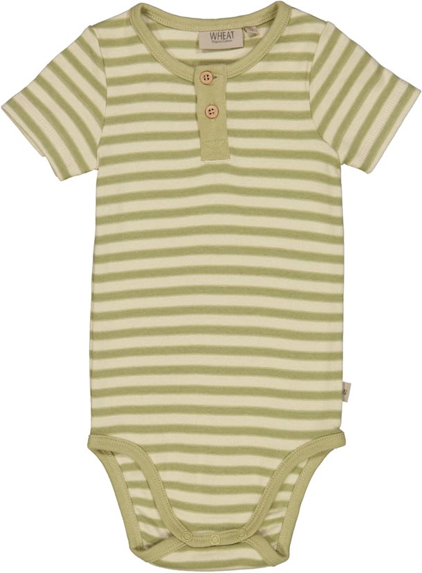 Wheat - Body Placket SS // Green stripe, bodystocking, sparkedragt, babytøj, dreng, nyfødt, placket, Kortærmet, korte ærmer, stribet body, Grøn bodystocking