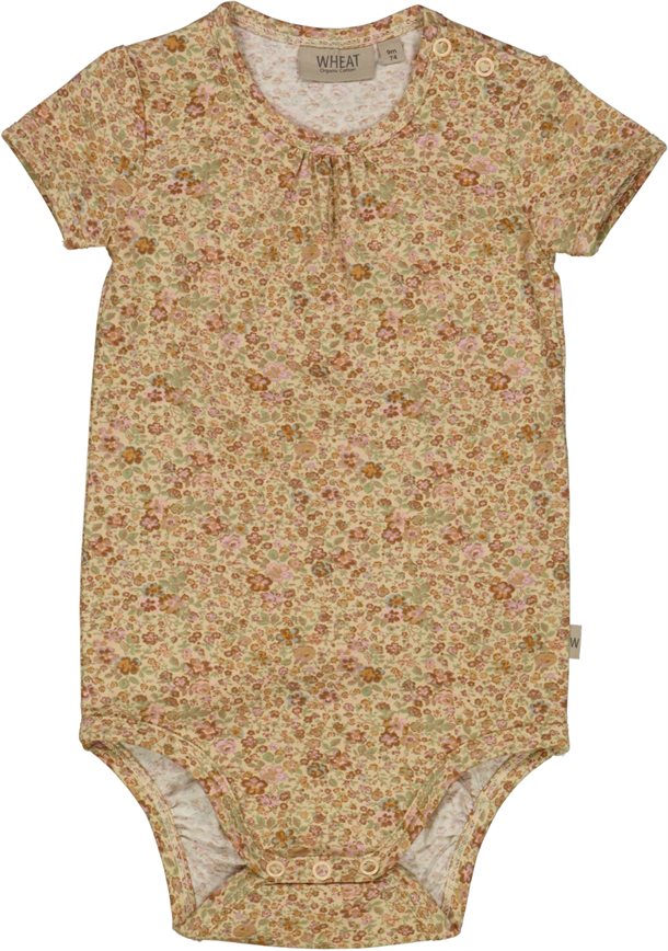 Wheat - Jersey Body SS // Barely beige small flowers, body, bodystocking, sparkedragt, babytøj, nyfødt, pige, babytøj, Blomstret body, Blomstret bodystocking, Pige body