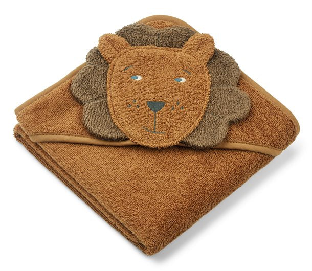 Liewood - Albert Hooded Towel Panda, liewood håndklæde, babyhåndklæde, baby, frotte håndklæde, hættehåndklæde, bad,Liewood -Liewood - Albert babyhåndklæde med hætte - Lion - golden caramel mix