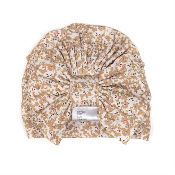 Huttelihut hue, huttelihut hue med sløjfe, hue fra huttelihut, babyhue, hue med sløjfe, Huttelihut - Lungi Hue Jersey Print // Mustard, pige hue, hue i mustard, hue med blomsterprint, hue med print af blomster.