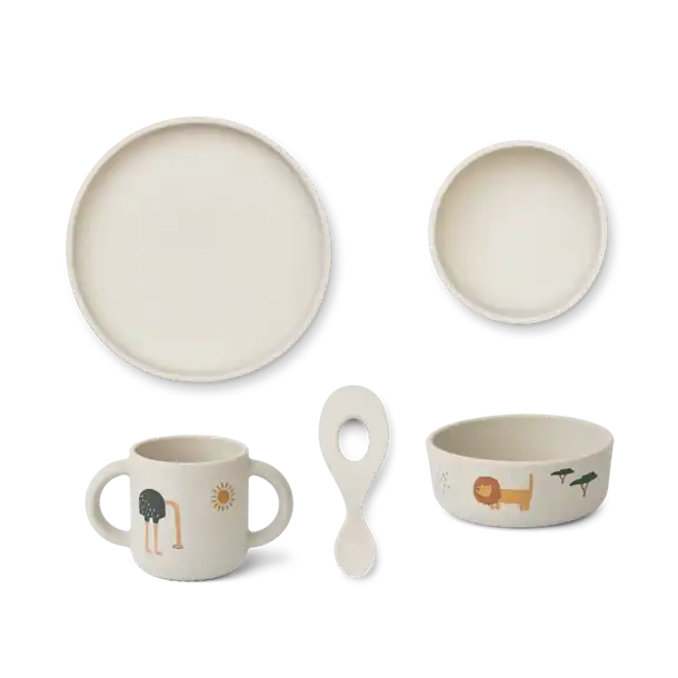 Liewood - Paul spisesæt 4 stk// Cat rose blush, Liewood - Vivi printed silikone spisesæt - Peach sea shell mix