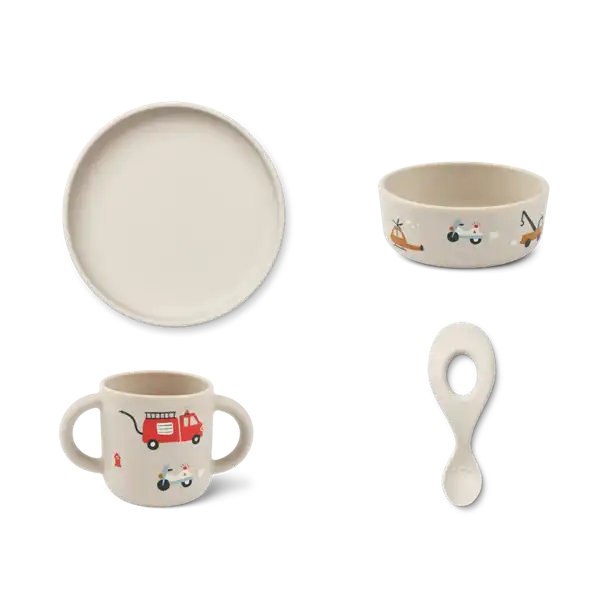 Liewood - Paul spisesæt 4 stk// Cat rose blush, Liewood - Vivi printed silikone spisesæt - Peach sea shell mix