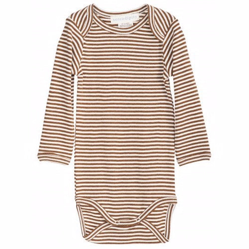 serendipity, m106, basis, body, bodystocking, basisgarderobe, langærmet, lange ærmer, økologi, bomuld, rib, stribe, caramel, karamel, brun, offwhite