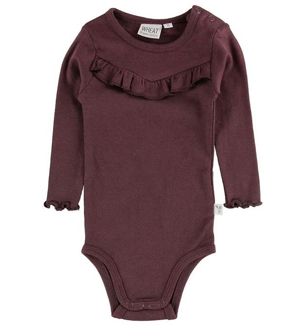 Wheat - body rib ruffle ls // soft eggplant, body, bodystocking, sparkedragt, babytøj, dreng, nyfødt, pige