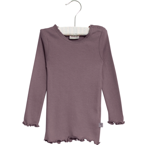 Wheat - Rib T-shirt Lace LS // Powder Plum, basis, ensfarvet, bluse, t-shirt, langærmet, wheat, pige, pigebluse