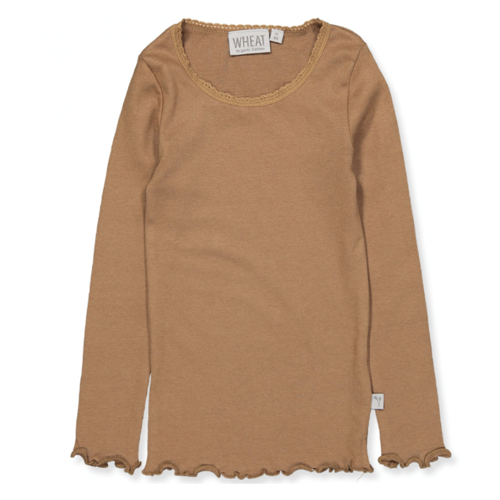 Wheat - rib t-shirt lace ls // caramel, t-shirt, bluse, langærmet bluse, basisbluse, pigebluse, flæse