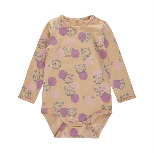 body, bodystocking, sparkedragt, Galileo body, Galileo, soft gallery body, print, dyre print, fiske print, pige, rosa, beige, lyserød, lilla, prikket.