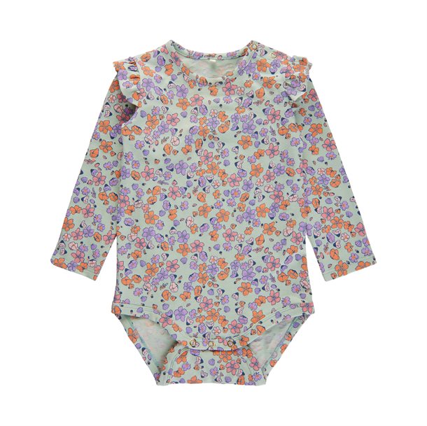 body, bodystocking, sparkedragt, Fifi body, Fifi popbloom, soft gallery body, print, blomster print, blomsterprint, pige, blomster, lilla, grøn, orange.