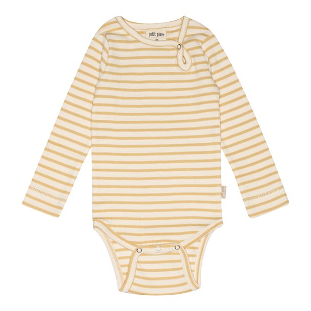 Petit Piao , body modal LS // bison brown beige, body, bodystocking, sparkedragt, baby, babytøj, Petit Piao - Body LS Modal , Yellow Corn/Offwhite
