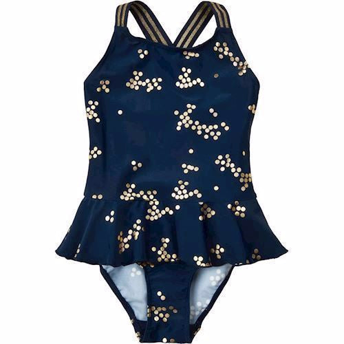 The New KALIAH UV SWIMSUIT, pige badedragt med guld effeekt, guldprint allover, svømmedragt, badetøj